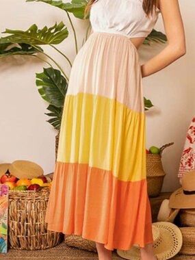 Three-Tier Colorblock Maxi Skirt - Yellow, Peach & Cream